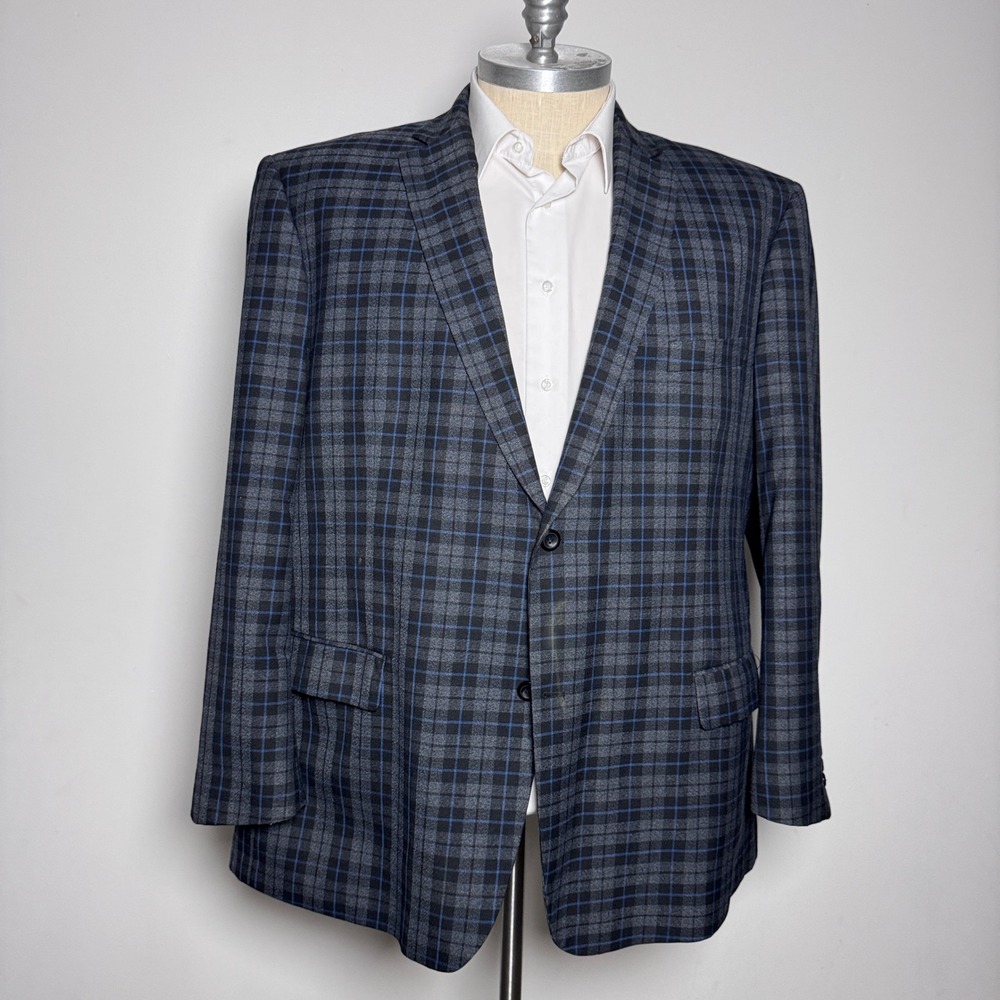 Vitali Blazer Mens 54R Charcoal‎ Gray Blue Plaid Two Button Sport Coat Jacket